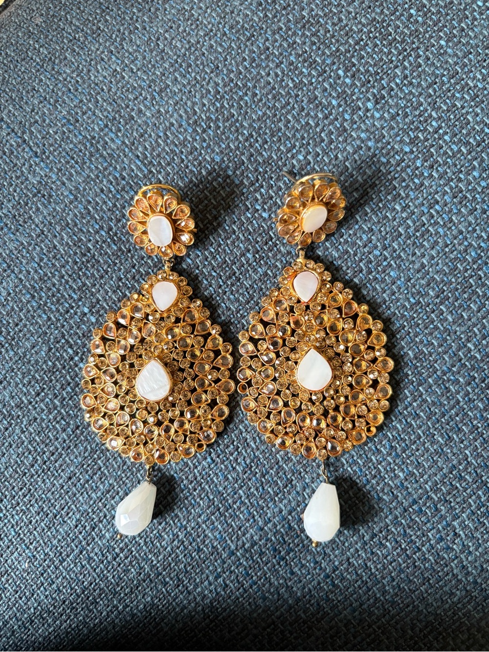 Gold and White Teardrop Statement Earrings - Elegant Women Jewelry